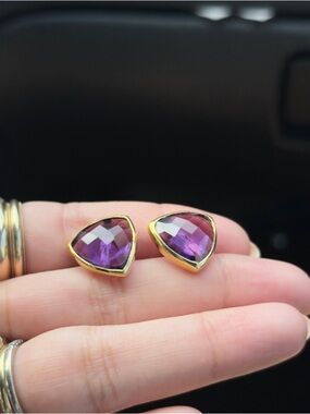 18k gold over Sterling silver 925 amethyst stone stud earrings